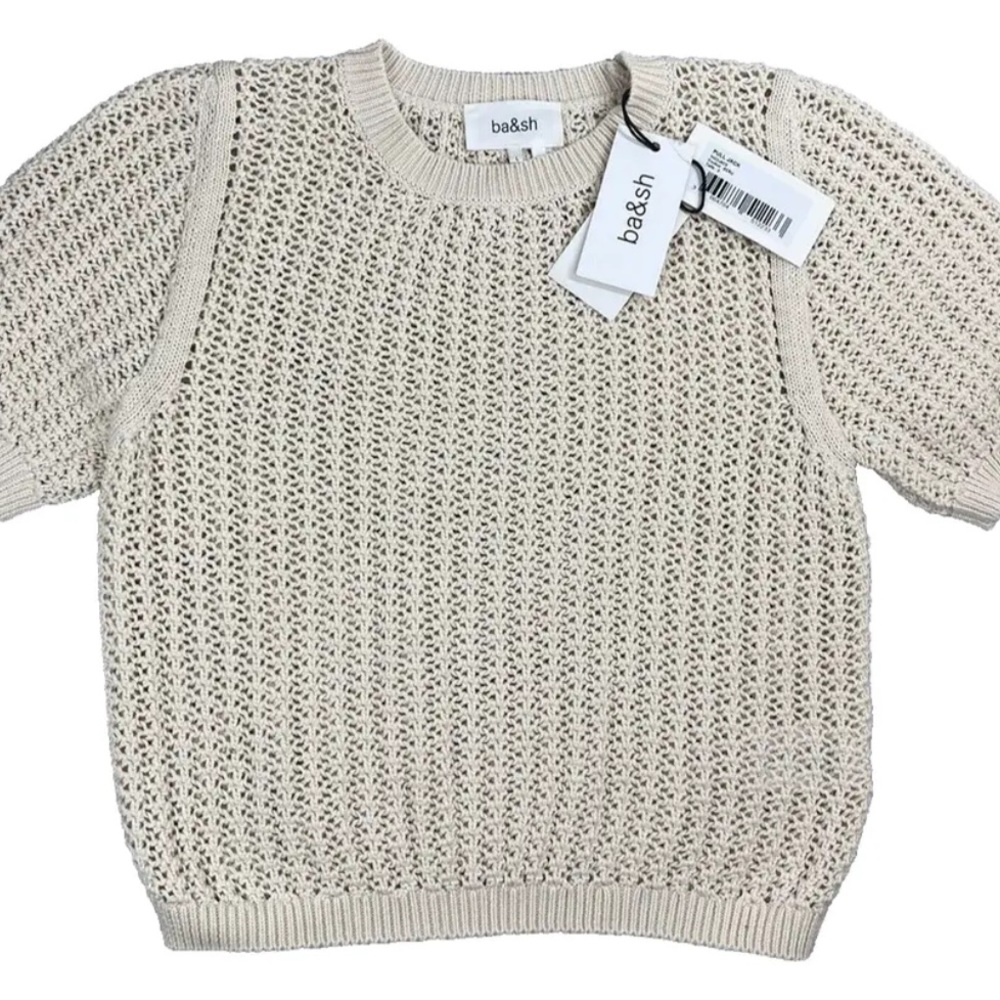 ba&sh Open-Knit Short Sleeve Crewneck Sweater in Cream